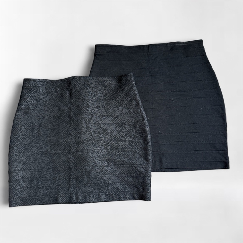 Express Mini Skirt Bundle Size S Black Ribbed & Snake Print Bodycon Stretch